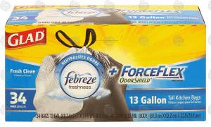 Glad ForceFlex tall kitchen drawstring bags, 13 gallon, with odor shield, fresh clean scent 34 count