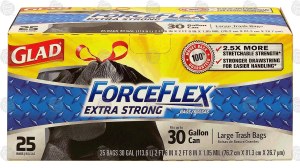 Glad Force Flex large trash bags, stretchable strength, 30 gallon size 25 count
