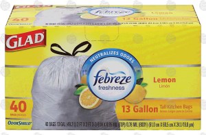 Glad Odor Shield 13 gallon tall kitchen drawstring bags with febreze freshness, lemon scent 40 count