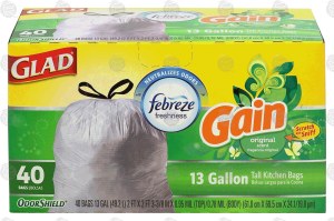 Glad Odor Shield 13 gallon tall kitchen bags with febreze freshness, gain original scent 40 count