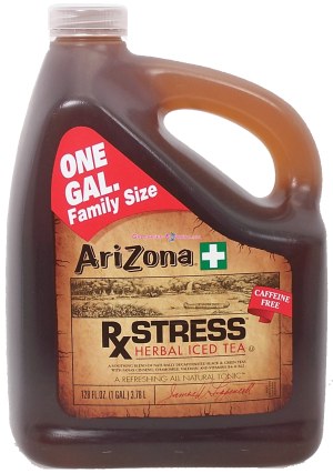 Arizona Rx Stress herbal iced tea, a soothing blend of naturally decaffeinated black & green teas with panax ginseng . 1 gallon