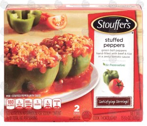 Stouffer's Stuffed Peppers green bell peppers hand-filled with beef & rice in a zesty tomato sauce, 2 peppers 15.5 ounce