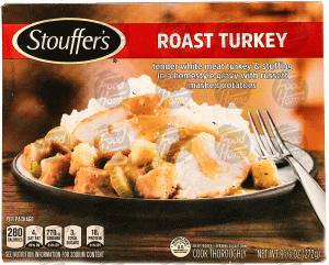 Stouffer's Classics roast turkey; white meat turkey & stuffing in a homestyle gravy w/ russet mashed potatoes 9.625 ounce