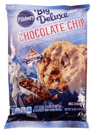 Pillsbury Big Deluxe chocolate chip with Hershey's mini kisses cookie dough, makes 12 big cookies 16 ounce