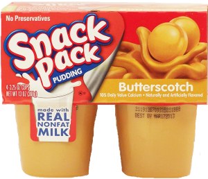 Snack Pack butterscotch pudding, 4 3.25-oz. cups. 13 ounce