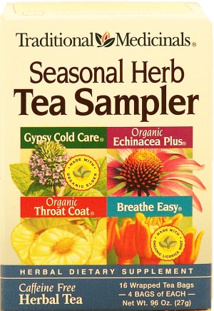 Traditional Medicinals Seasonal Herb Tea Sampler gypsy cold care, echinacia plus, throat coat, breathe easy herbal teas, 16-bags 0.96 ounce