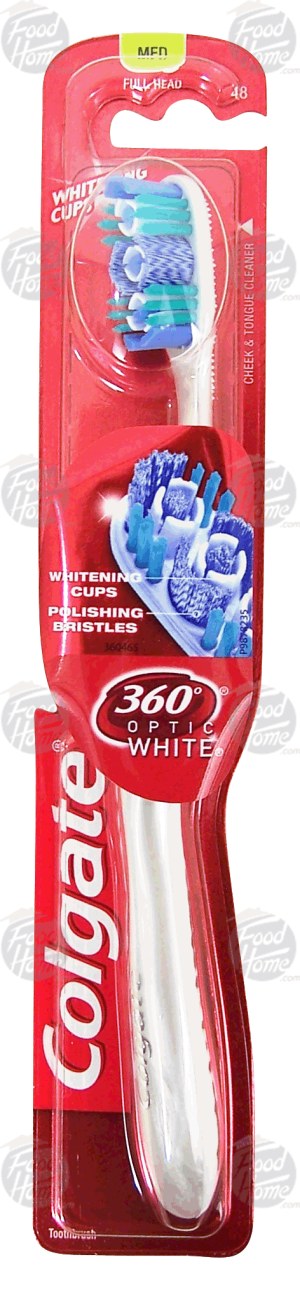 Colgate 360 Optic White medium bristle full head toothbrush, whitening cups, cheek & tongue cleaner 1 count