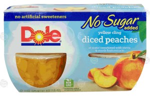 Dole diced peaches in water sweetened with stevia, yellow cling, no sugar added, 4-oz. cups 4 pack