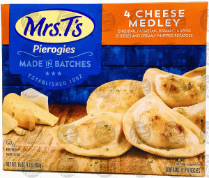 Mrs. T's four cheese medley; cheddar, parmesan, romano & swiss and creamy whipped potatoes, 12 pierogies 16 ounce