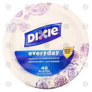 Dixie everyday paper plates, 8.5-in., microwavable, cut resistant, soak proof shield 48 count