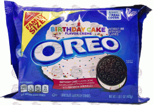 Nabisco birthday cake flavor creme filled oreo cookies, family size, wrapper 17 ounce