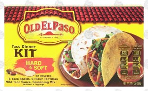 Old El Paso hard & soft taco dinner kit; 6 taco shells, 6 flour tortillas, mild taco sauce, seasoning mix 11.4 ounce