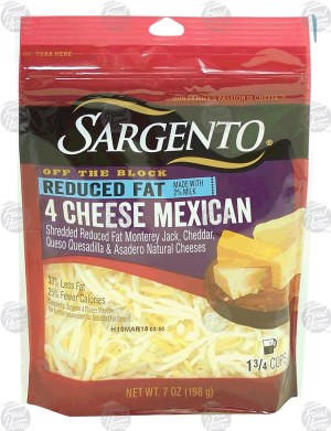 Sargento(R) Off the block 4 cheese mexican; monterey jack, cheddar, queso & asadero shredded cheese made with 2% milk 7 ounce