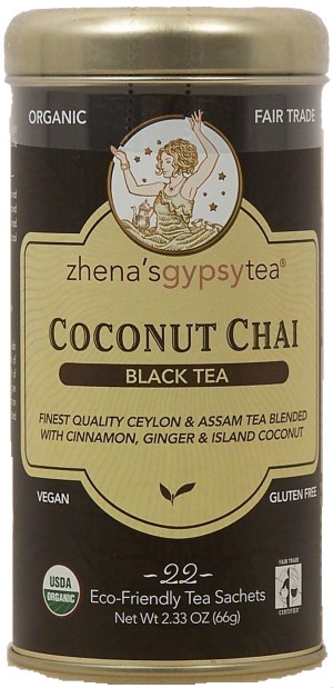 Zhena's Gypsy tea coconut chai black tea, ceylon & assam tea blend, 22-eco friendly tea sachets 2.33 ounce