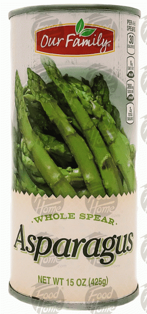 Our Family whole spear asparagus, sealed can 15 ounce
