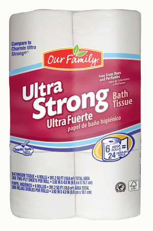 Our Family Ultra Strong bath tissue, 308 2-ply sheets per roll, unscented 6 count