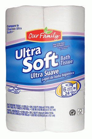 Our Family Ultra Soft bath tissue, 308 2-ply sheets 6 count