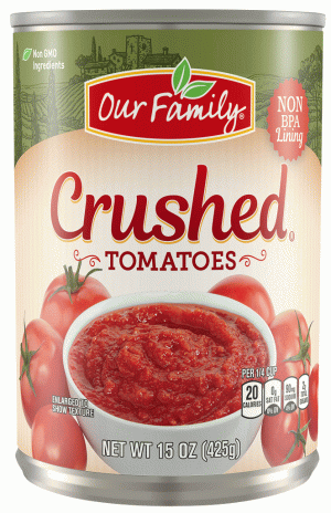Our Family crushed tomatoes, sealed can 15 ounce