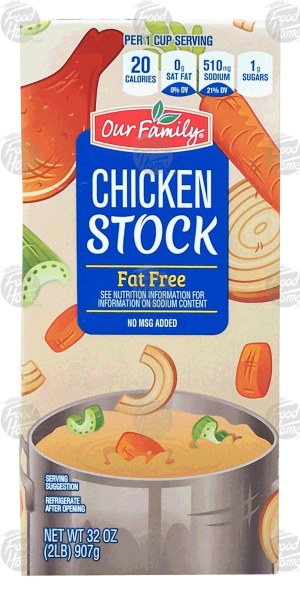 Our Family chicken stock, fat-free 32 ounce