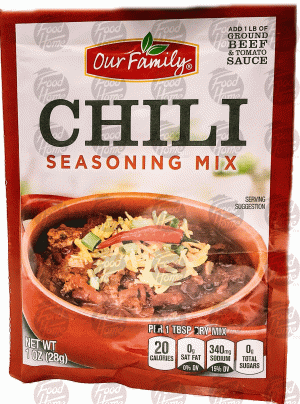 Our Family chili seasoning mix, packet 1 ounce