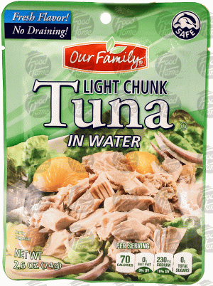 Our Family light chunk tuna in water, sealed pouch 2.6 ounce