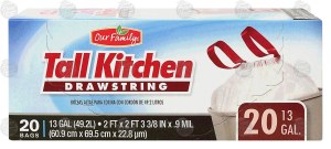Our Family tall kitchen drawstring trash bags, 13-gallon 20 count
