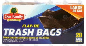 Our Family trash bags, flap-tie, large 30-gallon 20 count