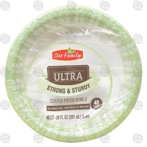 Our Family Ultra coated paper bowls, strong & sturdy, microwave safe, 20-fl. oz. 48 count