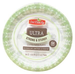 Our Family Ultra coated paper plates, strong & sturdy, microwave safe, 8.62-inch 64 count