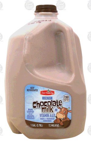 Our Family chocolate milk, 1% low fat, vitamin a & d 1 gallon