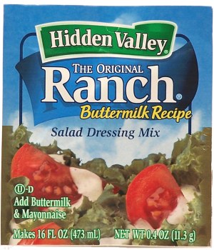 Hidden Valley original ranch salad dressing mix, buttermilk recipe add buttermilk & mayonnaise makes 16 fl. oz. 0.4 ounce