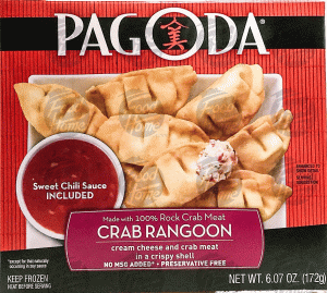 Pagoda crab rangoon, cream cheese and crab meat in a crispy shell, includes chili sauce, frozen box 6.07 ounce