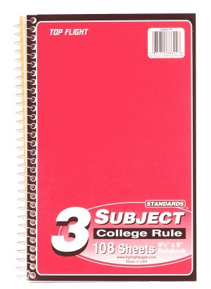 Top Flight 3 subject college rule notebook, 108 sheets, 9 1/2in x 6in 1 count