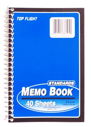 Top Flight Standards memo book, 40 sheets, 6 x 4 in, side open, spiral bound 1 count