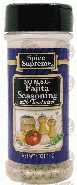 Spice Supreme fajita seasoning with tenderizer, no m.s.g. 4 ounce