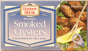 Haddon House colossal smoked oysters in sunflower oil, salt added 3 ounce