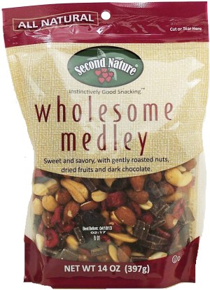 Second Nature wholesome medley roasted lightly salted nuts, dried fruits and dark chocolate chunks 14 ounce