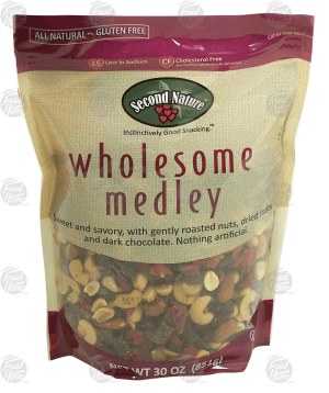 Second Nature wholesome medley dark chocolate chunks, roasted and salted peanuts, almonds, cashews, red cherries, and cranberries 30 ounce