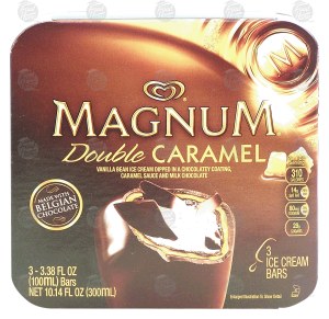 Magnum Double Caramel vanilla bean ice cream dipped in a chocolatey coating, caramel sauce and milk chocolate, 3 bars 10.14 fluid ounce