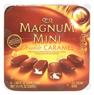 Magnum Mini double caramel; vanilla bean ice cream dipped in a chocolatey coating, caramel sauce & chocolate, 6 11.1 fluid ounce