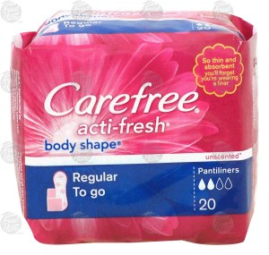 Carefree acti-fresh body shape; pantiliners, unscented, regular to go 20 count