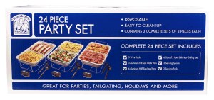 Bakers & Chefs 24 piece party set; 3 wire racks, 3 full-size pans, 6 half-size pans, 6 fuel, 3 spoons, 3 forks 1 count