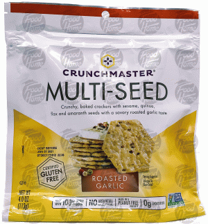 Crunchmaster Multi-Seed roasted garlic baked whole grain crackers, resealable bag 4 ounce