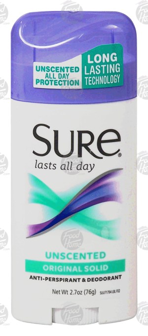 Sure anti-perspirant & deodorant, original solid, unscented 2.7 ounce