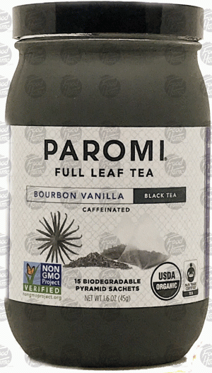 Paromi Tea bourbon vanilla full leaf black tea, caffeinated, 15 biodegradable pyramid sachets 1.6 ounce