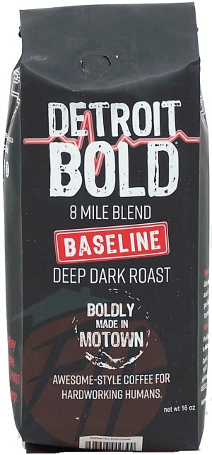 Detroit Bold baseline deep dark roast 8 mile ground coffee, bag 16 ounce