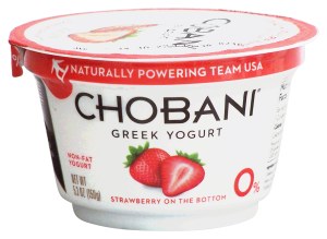 Chobani non-fat greek yogurt, strawberry on the bottom 5.3 ounce