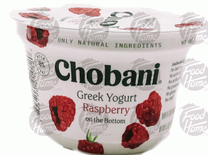 Chobani non-fat greek yogurt, raspberry on the bottom 5.3 ounce