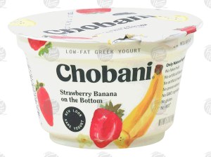 Chobani low-fat greek yogurt, strawberry banana on the bottom 5.3 ounce