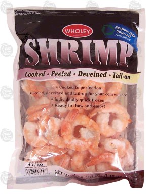 Wholey responsibly sourced farm raised shrimp, cooked, peeled, deveined, tail-on, 41-50 per pound 1 pound